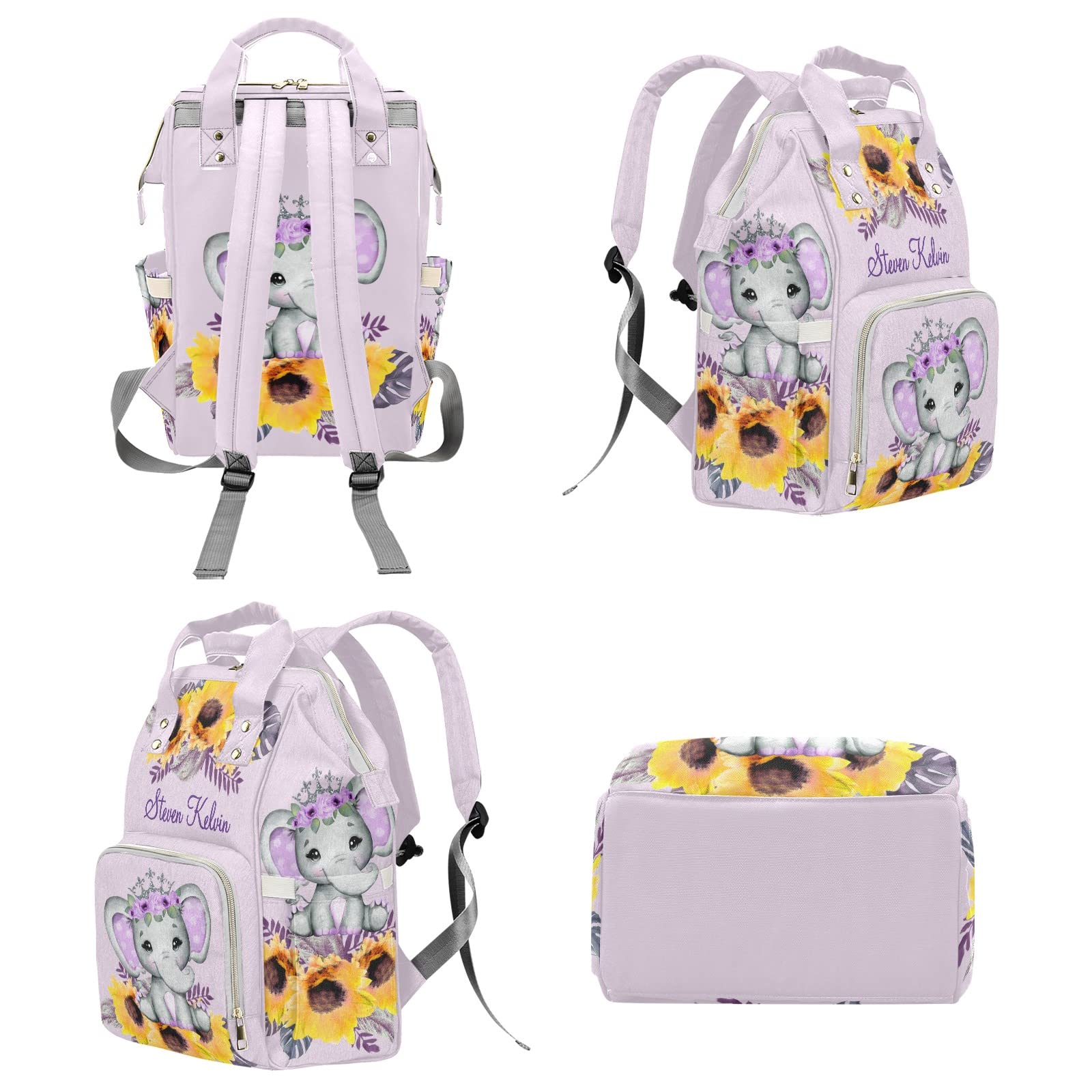 Elephant Princess Purple Sunflower Sweet Personalized Diaper Backpack with Name,Custom Travel DayPack for Nappy Mommy Nursing Baby Bag One Size