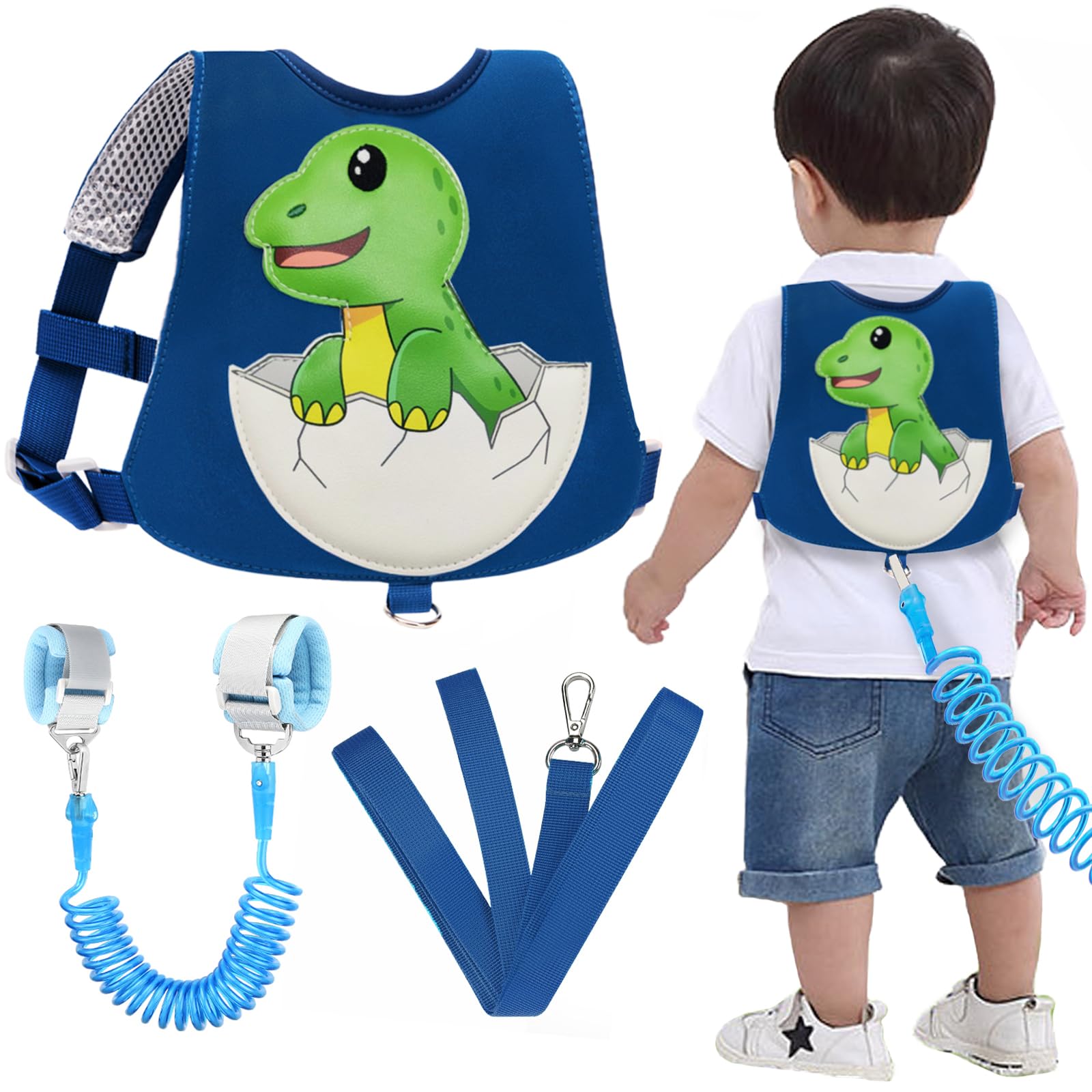 Accmor Toddler Leash Harness, Cute Dinosaur Child Harness Baby Leashes + Anti-Lost Wrist Link, Kids Harness Walking Assistant Strap Belt Tether for 1-4 Years Boys Girls to Travel & Outdoor (Dark Blue)