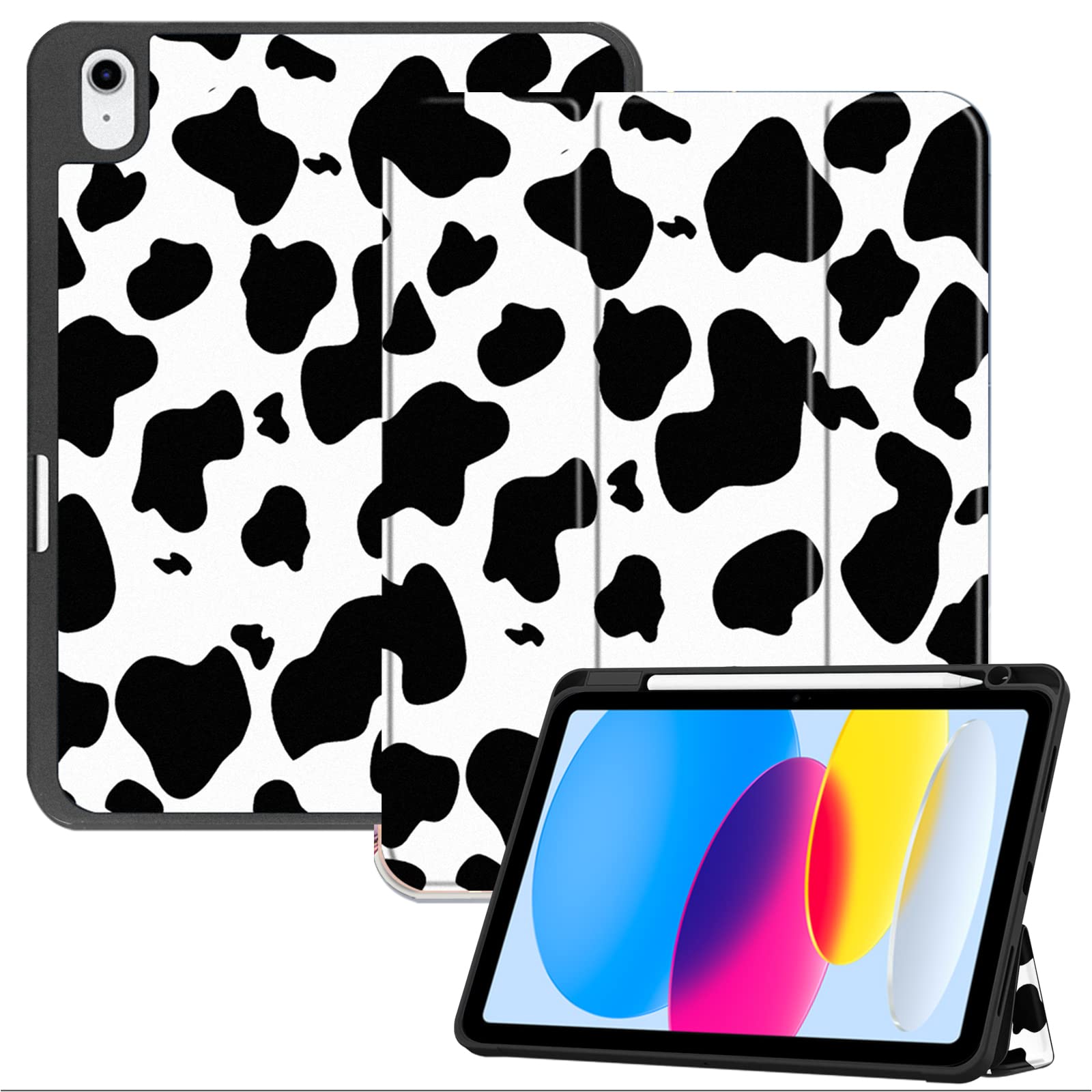 Deokke Compatible with iPad 10th Generation Case 2022,iPad 10.9 Inch Case with Pencil Holder and Soft TPU Back Case,Auto Sleep/Wake Cover-Black White Cow Pattern Western