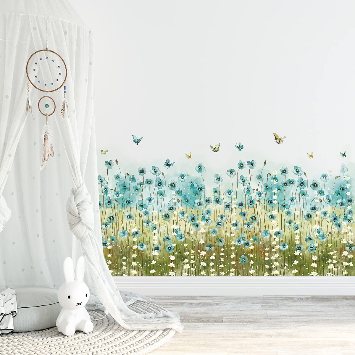 LiveGallery Blue Flowers Wall Decals White Daisy Wall Stickers DIY Peel and Stick Butterfly Plants Wall Sticker for Baby Kids Girls Bedroom Nursery Living Room Office Corners Skirting Lines