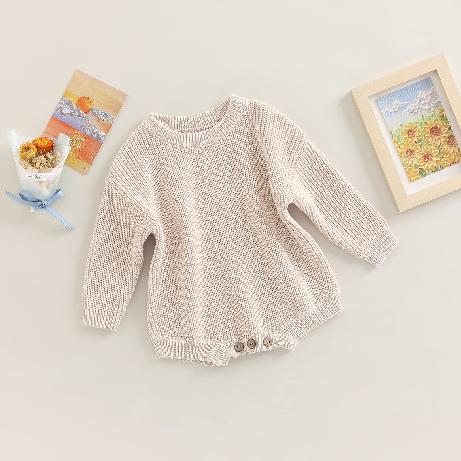 woshilaocai Baby Boy Girl Sweater Oversized Long Sleeve Romper Warm Crewneck Onesie CuteToddler Knitted Winter Clothes (12-24 Months,Cream)