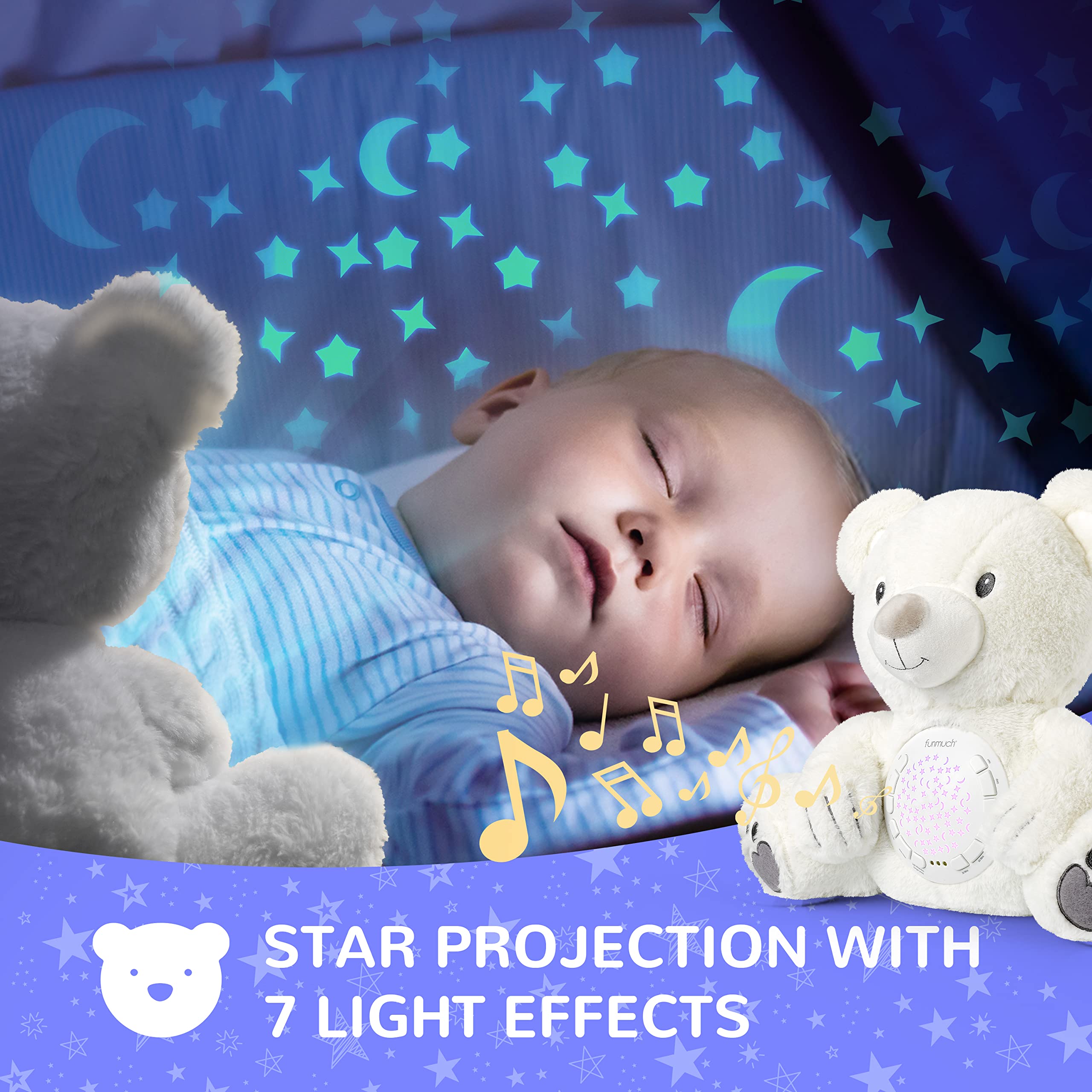 Baby Sleep Soother, Mom's Heartbeat Lullabies Soothing Sounds White Noise Machine, Auto-Off Timer Night Light Projector, Unique Gifts for Babies, Stuffed Animal Toys (Polar Bear)