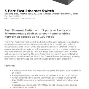 MANHATTAN Intellinet 5-Port Fast Ethernet Network Switch - Ethernet Splitter - Unmanaged | Plug & Plug| - for Computer Networking Hub, Desktop – 3 Mfg Yr Warranty – 561723