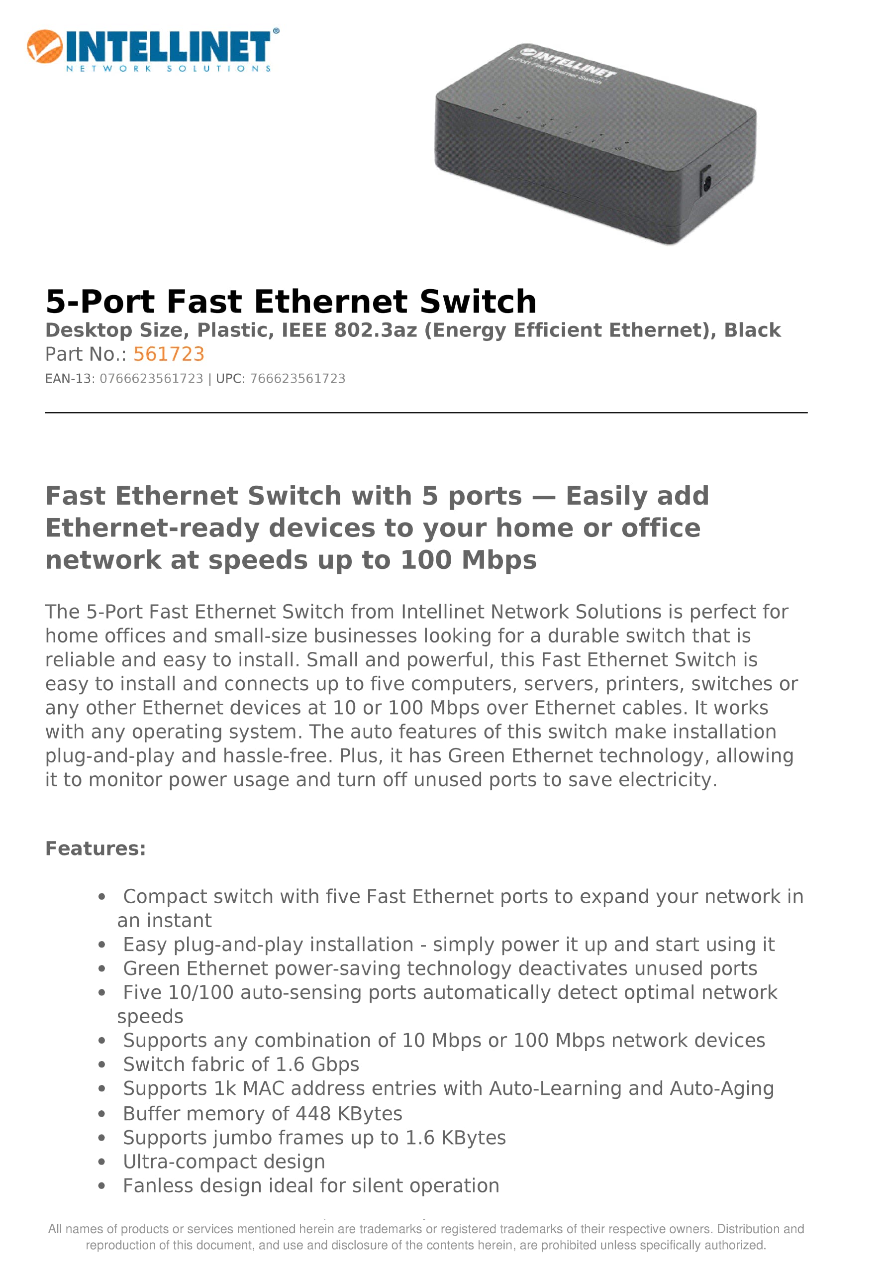 MANHATTAN Intellinet 5-Port Fast Ethernet Network Switch - Ethernet Splitter - Unmanaged | Plug & Plug| - for Computer Networking Hub, Desktop – 3 Mfg Yr Warranty – 561723