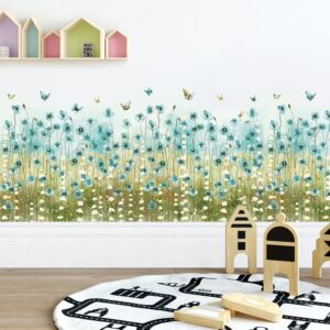 LiveGallery Blue Flowers Wall Decals White Daisy Wall Stickers DIY Peel and Stick Butterfly Plants Wall Sticker for Baby Kids Girls Bedroom Nursery Living Room Office Corners Skirting Lines