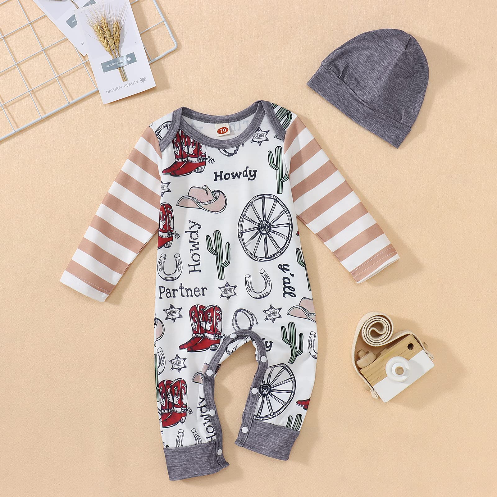 BOUTIKOME Infant Baby Boy Outfit Retro Cowboy Partner Howdy Graphic Romper Newborn Onesie Jumpsuit Hat 2Pcs Set