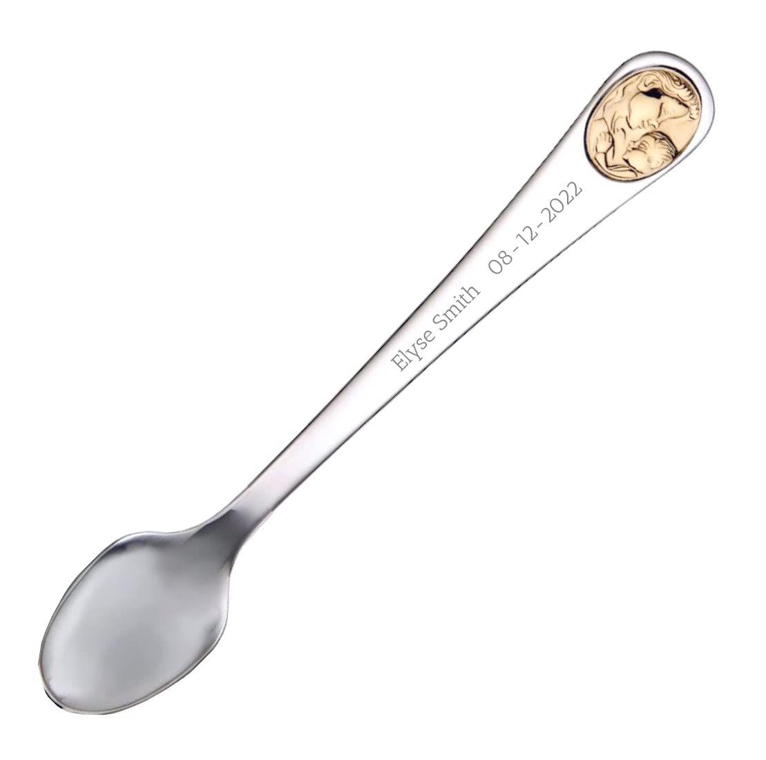 Personalized Baby Feeding Spoon | Custom Engraving Name & Birthdate | Keepsake Gift (Golden Mother & Baby)