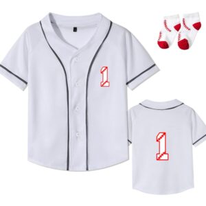 1st Birthday Baseball Shirt Baby Boy First Birthday Outfit Rookie of The One Year Old Clothes Short Button Tshirts (White 1,12 Months)