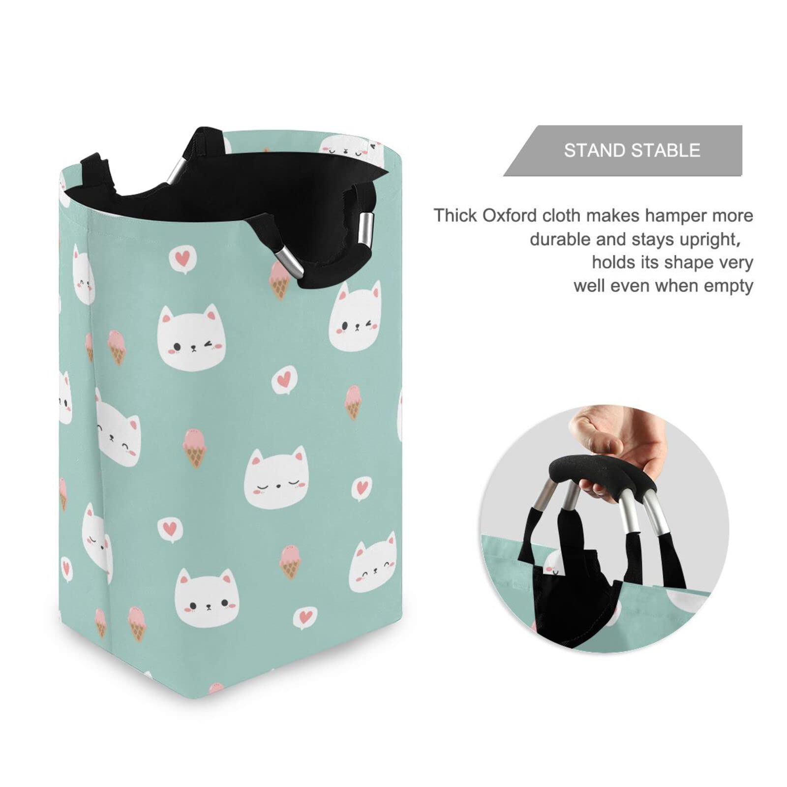 Kigai Laundry Hamper Basket Cat Face with Ice Cream Collapsible Nursery Storage Bin Waterproof Clothing Baskets for Home Bedroom Bathroom Washing Room