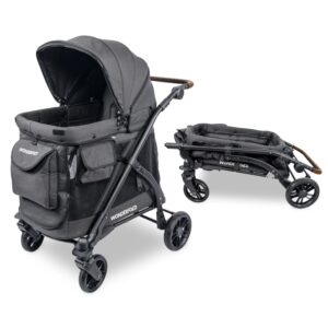 WONDERFOLD M1 Luxe Stroller Wagon (1 Seater) with Raised/Reclining/Removable Seats, Retractable/Removable Canopy, 5 Point Safety Harness, and Adjustable Push Handle - Volcanic Black