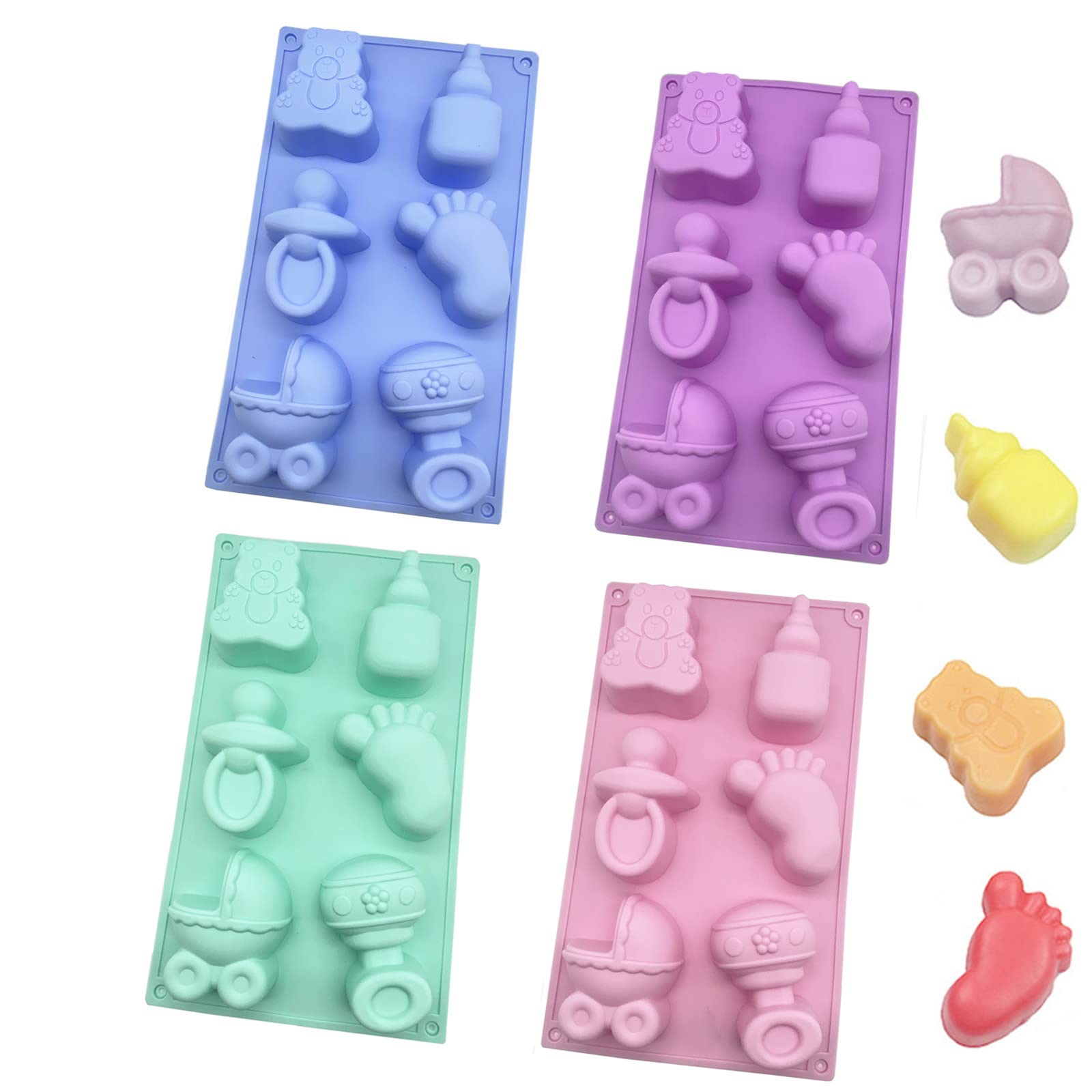 DD-life 4 Pcs Baby Shower Party Silicone Mold,Bear Pacifier Little Feet Feeding Bottle Baby Carriage Silicone Fondant Mold for Chocolate,Soap,Sugar,Polymer Clay(1Purple,1Pink,1Green,1Blue)