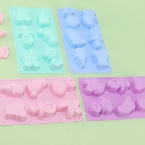 DD-life 4 Pcs Baby Shower Party Silicone Mold,Bear Pacifier Little Feet Feeding Bottle Baby Carriage Silicone Fondant Mold for Chocolate,Soap,Sugar,Polymer Clay(1Purple,1Pink,1Green,1Blue)