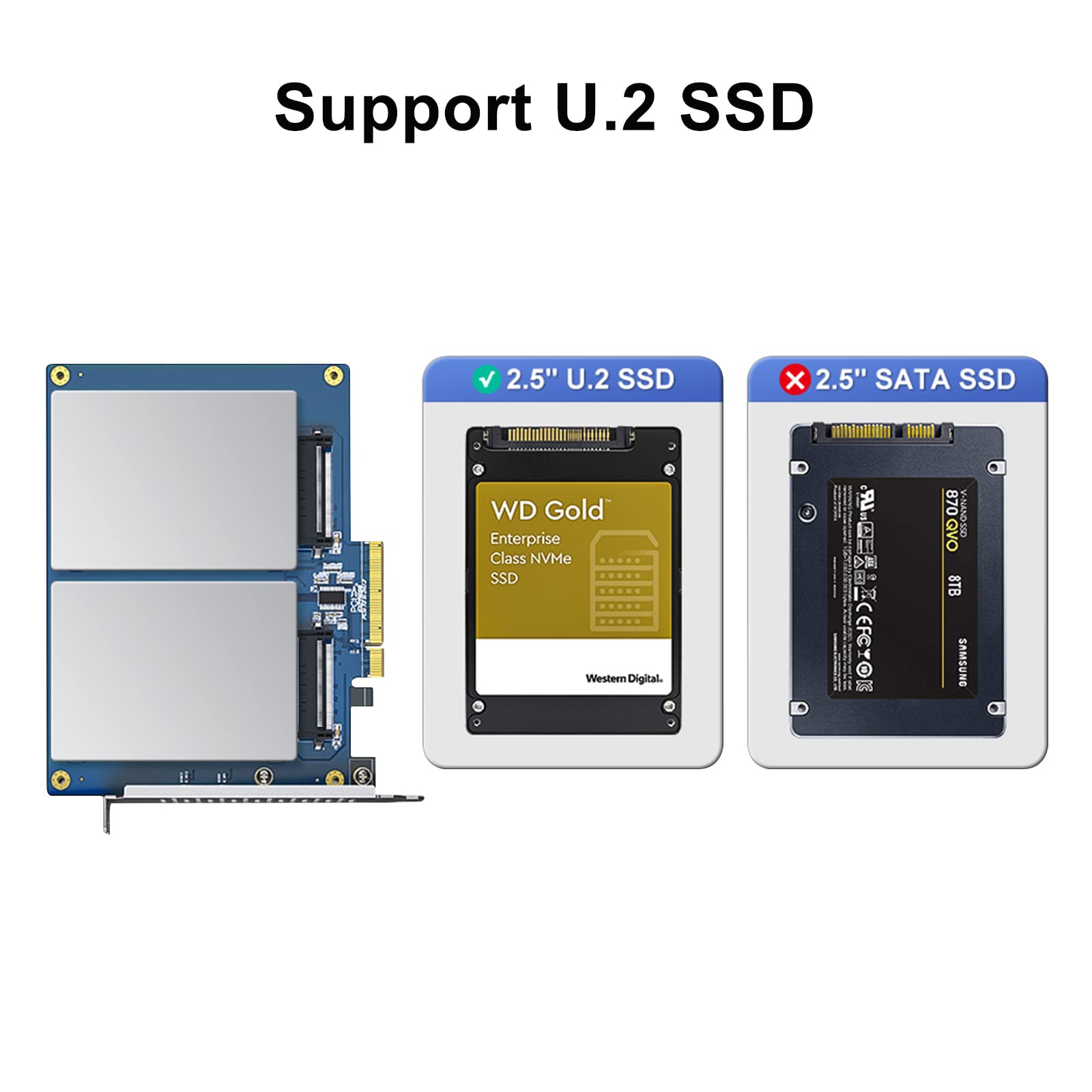 PCIe to SFF-8639 Adapter, PCIe 3.0 X8 to Dual U.2 SFF-8639 Ports, for 2.5" U.2 NVMe SSD or 2.5" SATA SSD