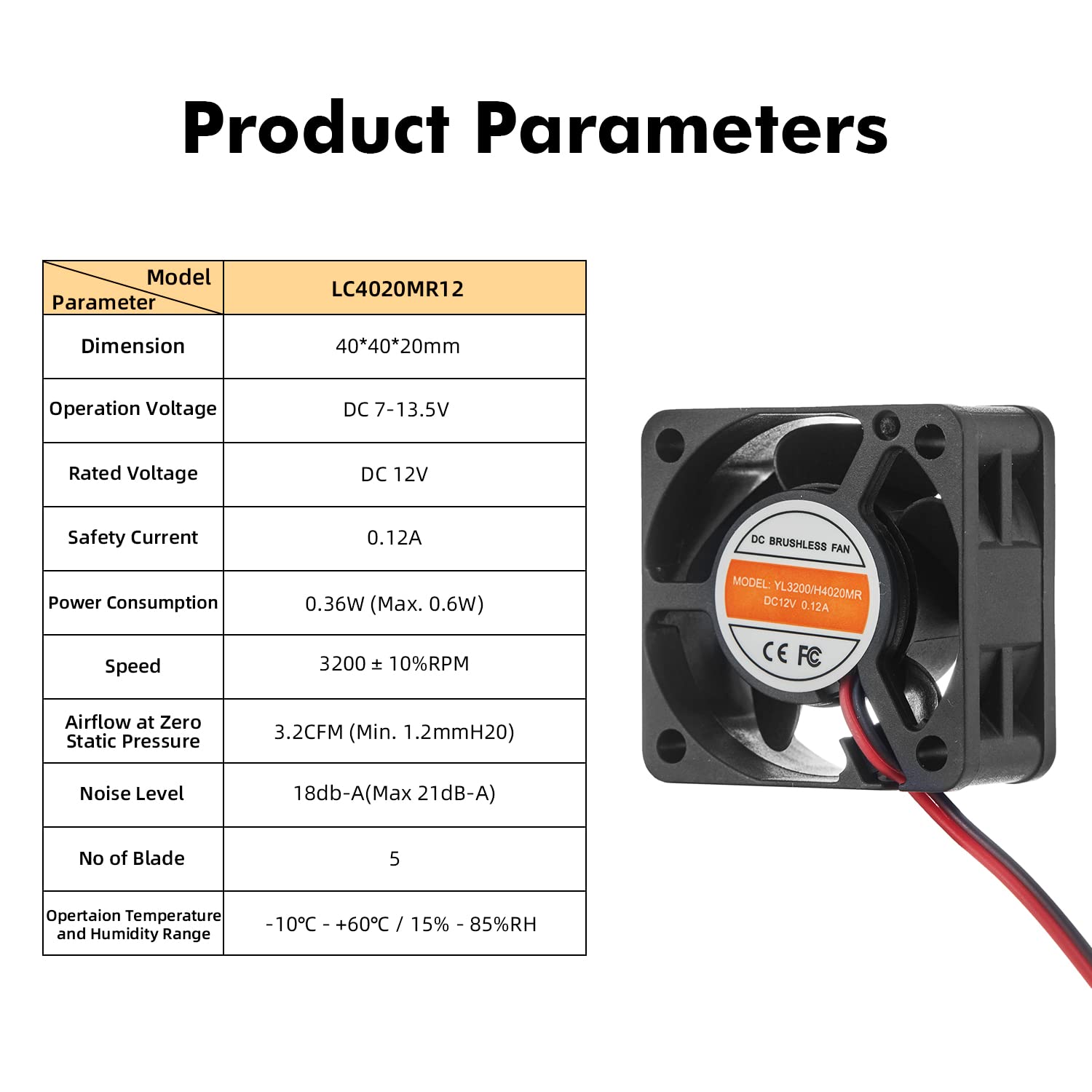 MokerLink Quiet Fan 40x40x20mm DC 12V 0.12A, 3200RPM 2 Pin Small Cooling Fan