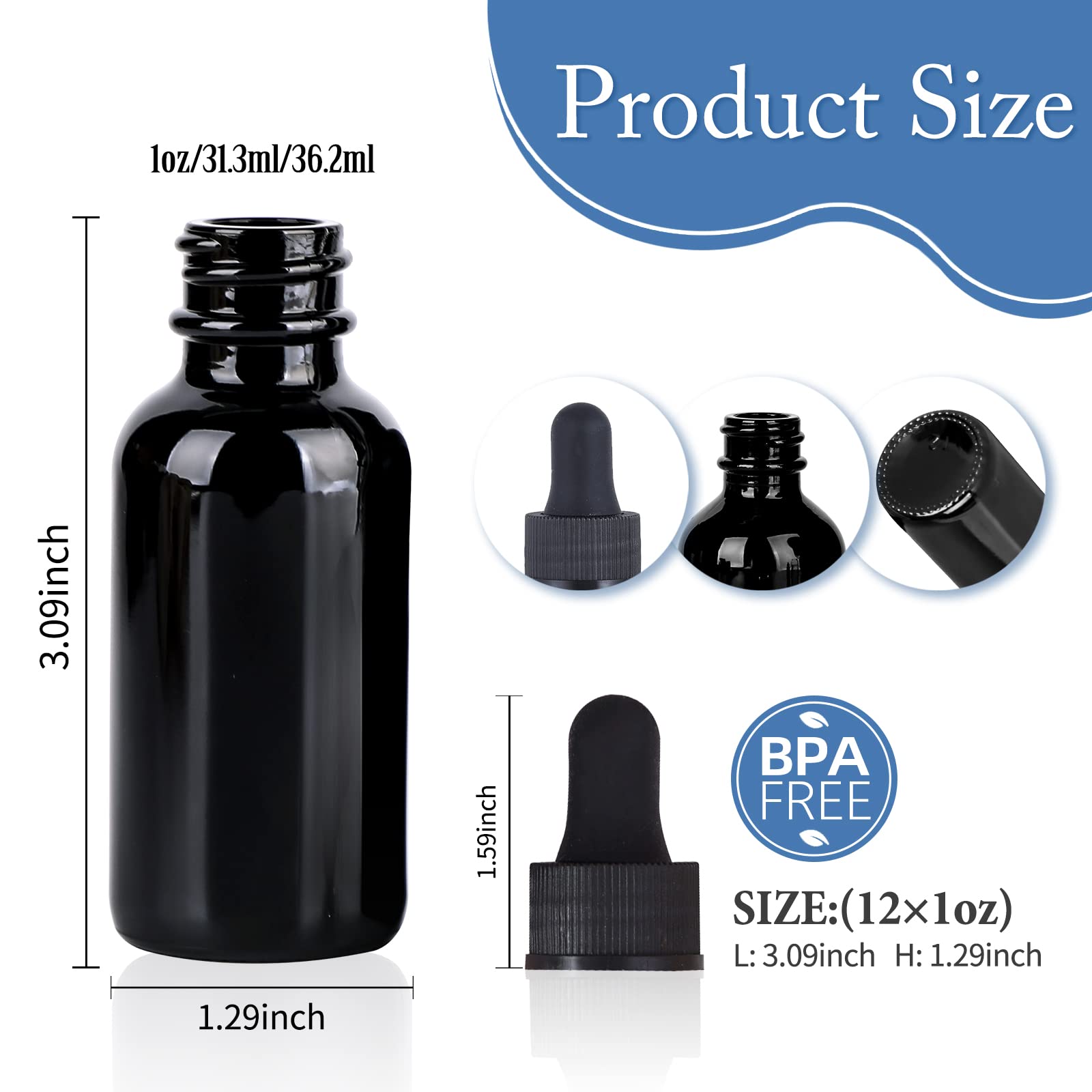 YONKAN 1 oz UV Resistant Dropper Bottle 12 Pack Black Glass Boston Bottles 30ml with Eye Droppers Black Caps for Essential Oils, Perfume, Leak Proof Travel Bottles for Liquids