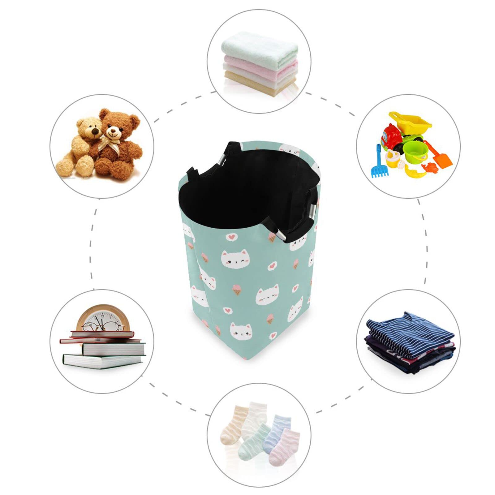 Kigai Laundry Hamper Basket Cat Face with Ice Cream Collapsible Nursery Storage Bin Waterproof Clothing Baskets for Home Bedroom Bathroom Washing Room