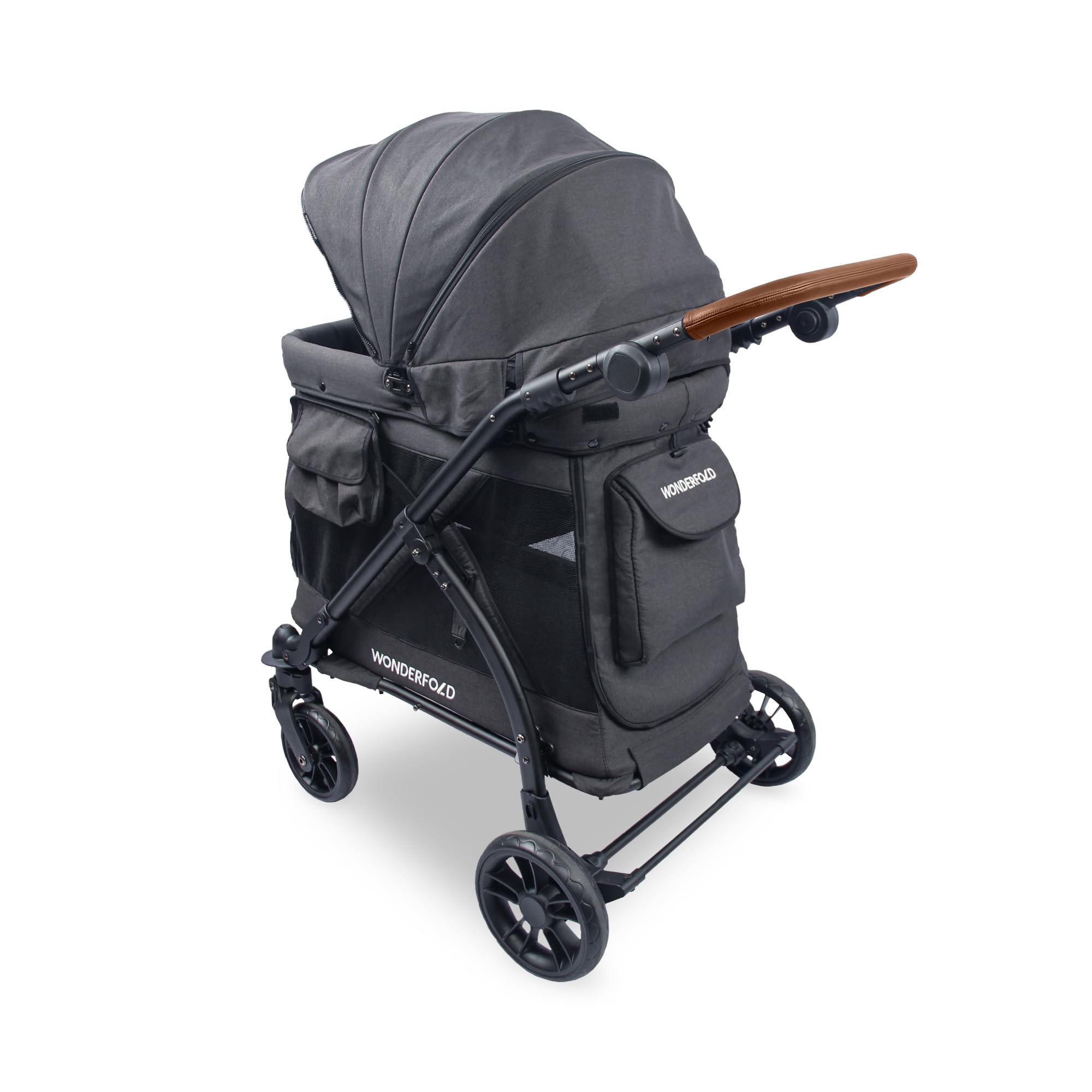 WONDERFOLD M1 Luxe Stroller Wagon (1 Seater) with Raised/Reclining/Removable Seats, Retractable/Removable Canopy, 5 Point Safety Harness, and Adjustable Push Handle - Volcanic Black