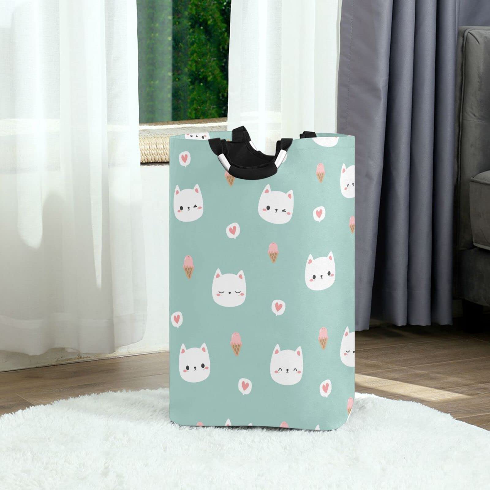 Kigai Laundry Hamper Basket Cat Face with Ice Cream Collapsible Nursery Storage Bin Waterproof Clothing Baskets for Home Bedroom Bathroom Washing Room