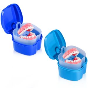 obtanim 2 pack denture bath cup case box holder storage soak container with strainer basket for retainerstravel false teeth cleaning (blue, green)