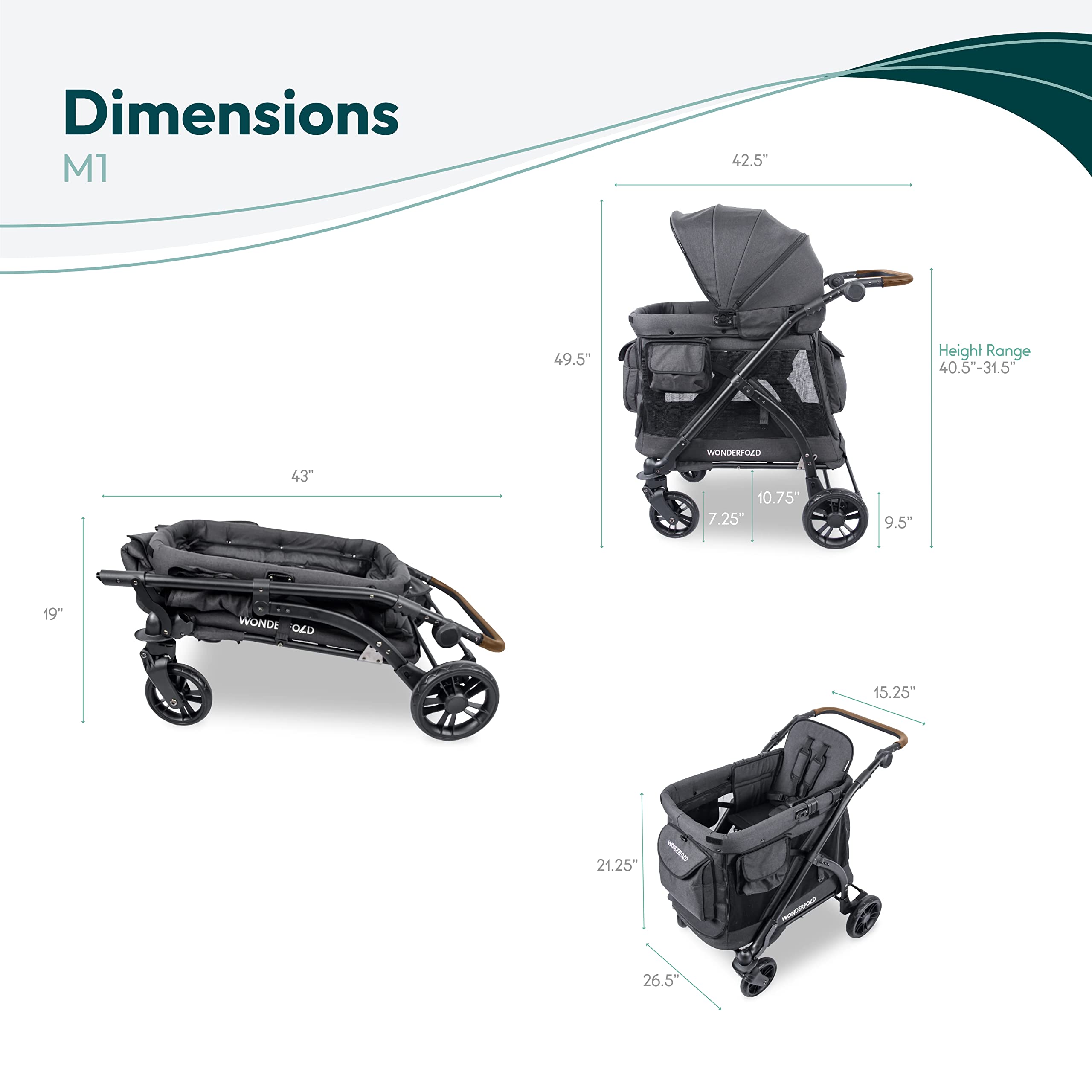 WONDERFOLD M1 Luxe Stroller Wagon (1 Seater) with Raised/Reclining/Removable Seats, Retractable/Removable Canopy, 5 Point Safety Harness, and Adjustable Push Handle - Volcanic Black