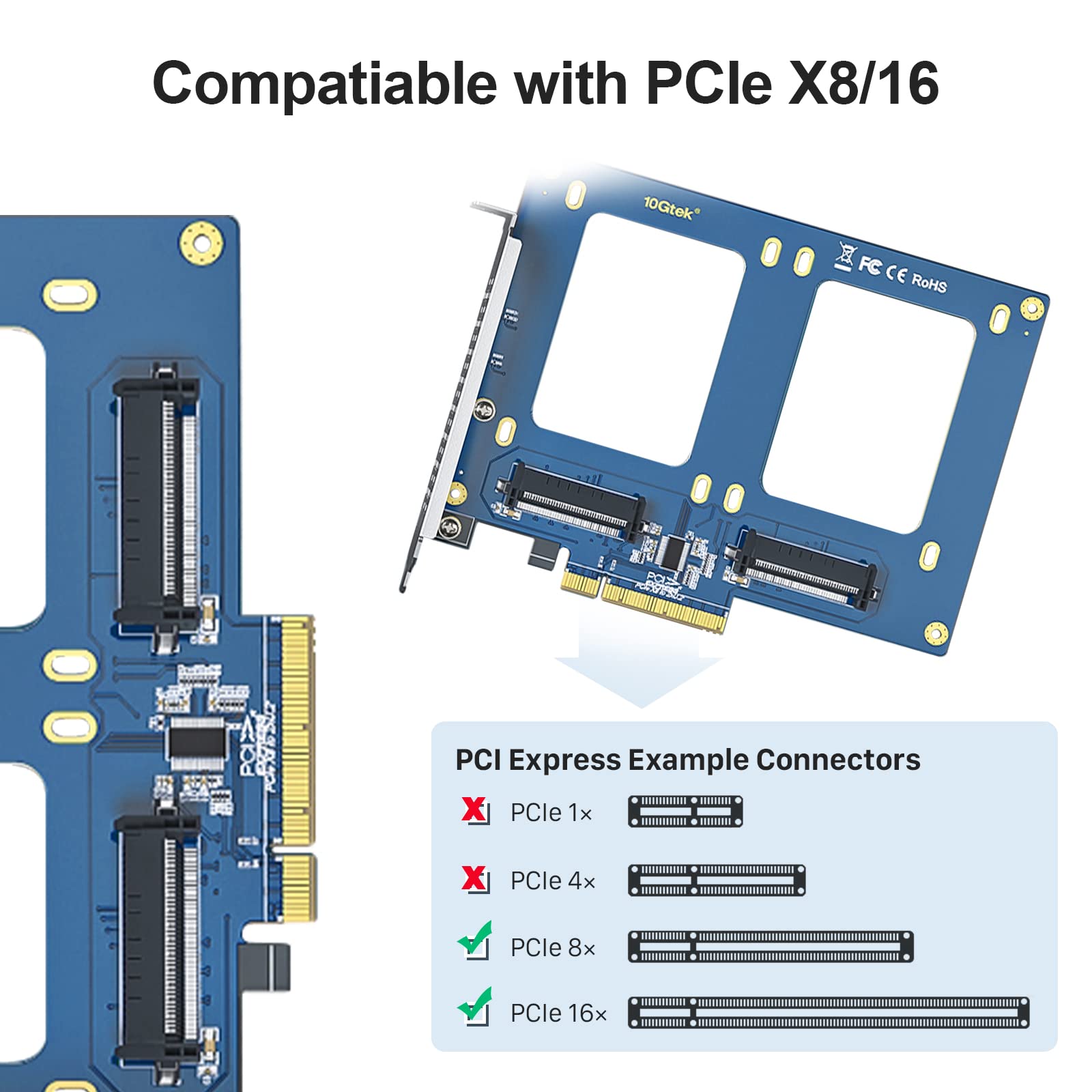 PCIe to SFF-8639 Adapter, PCIe 3.0 X8 to Dual U.2 SFF-8639 Ports, for 2.5" U.2 NVMe SSD or 2.5" SATA SSD