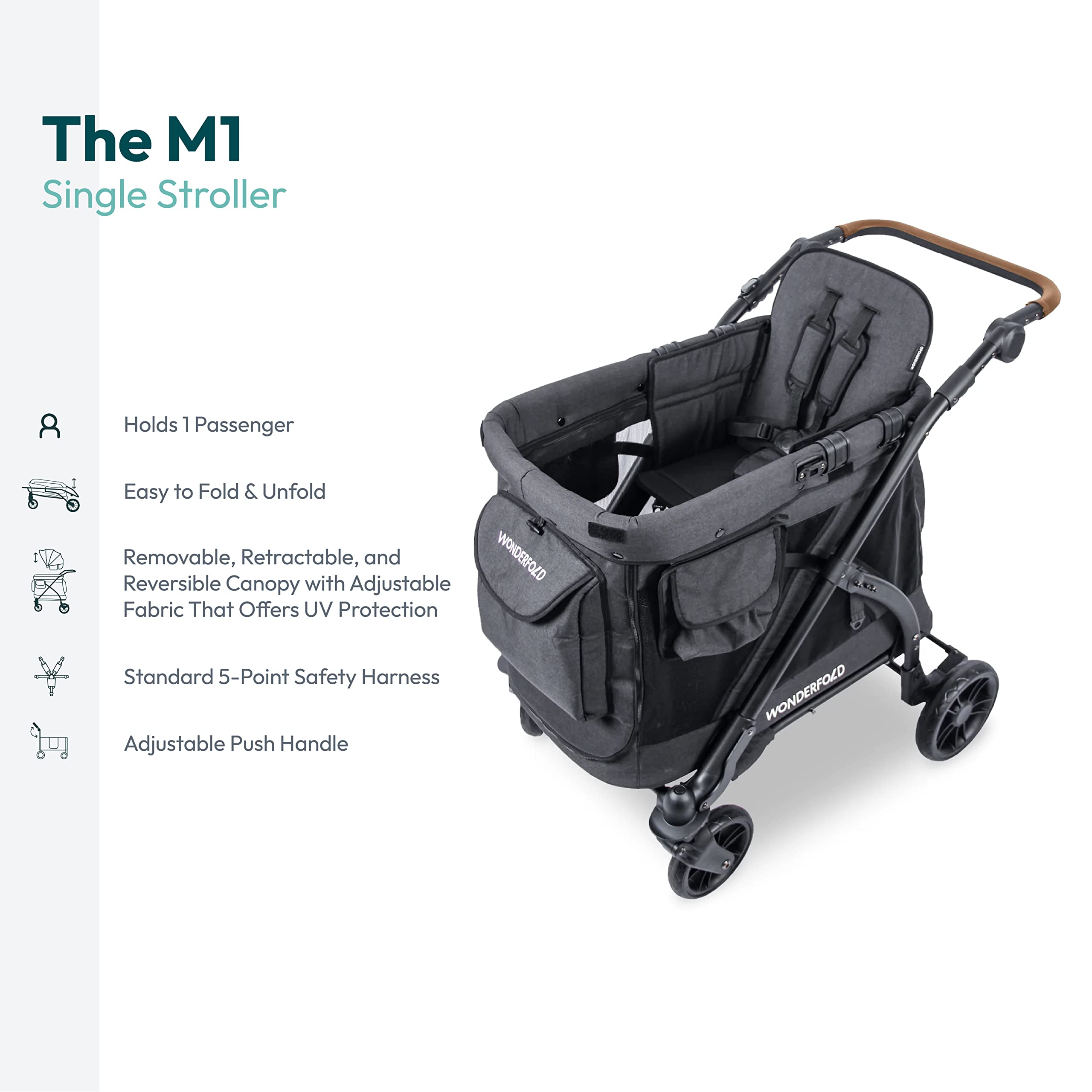 WONDERFOLD M1 Luxe Stroller Wagon (1 Seater) with Raised/Reclining/Removable Seats, Retractable/Removable Canopy, 5 Point Safety Harness, and Adjustable Push Handle - Volcanic Black