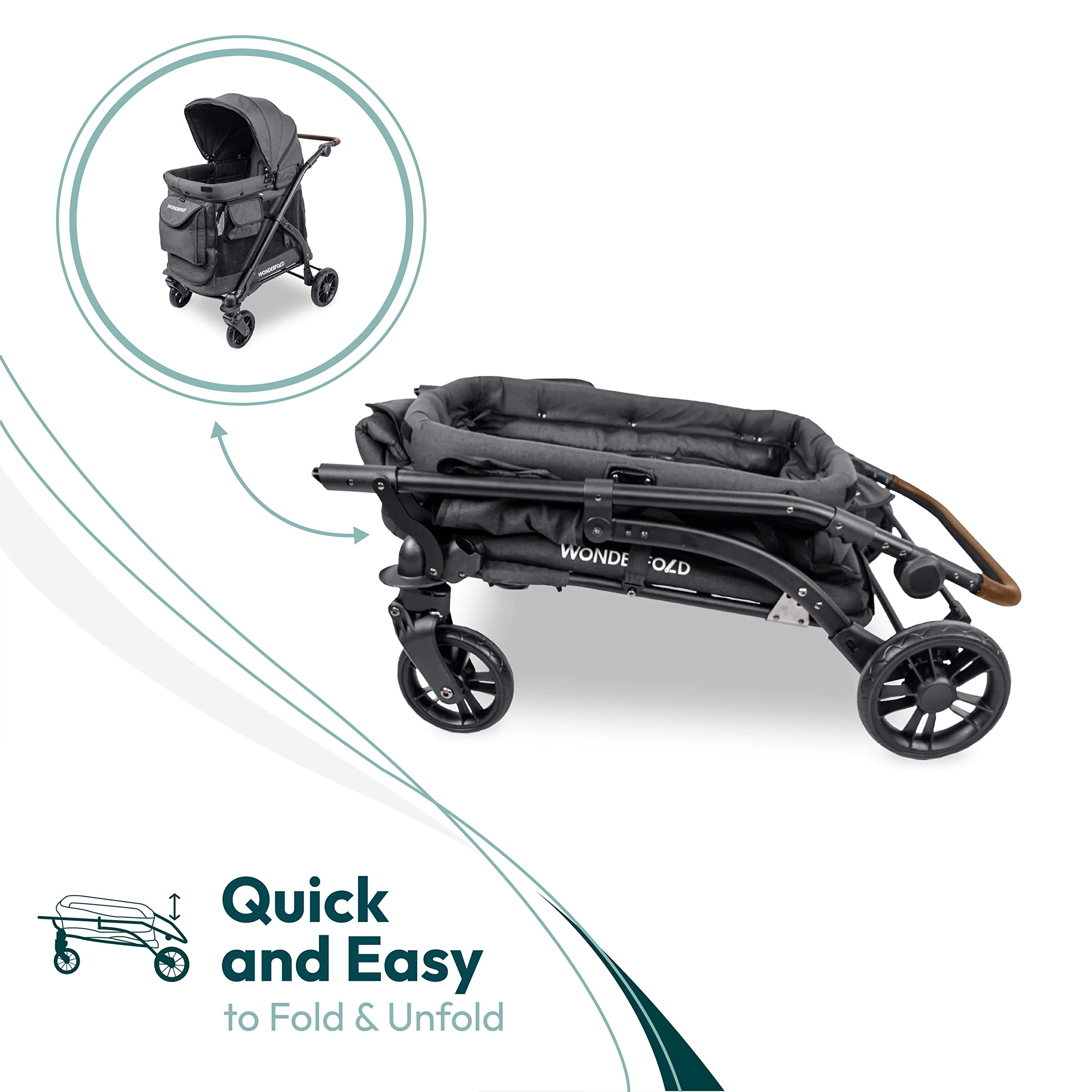 WONDERFOLD M1 Luxe Stroller Wagon (1 Seater) with Raised/Reclining/Removable Seats, Retractable/Removable Canopy, 5 Point Safety Harness, and Adjustable Push Handle - Volcanic Black