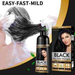 COSMTEK Black Dye Shampoo for Permanent Hair Color - Men&Women, Gray Coverage, Beard & Treated Hair, 3-In-1, 30 Days/500ml/Ammonia-Free/Natural Herbal