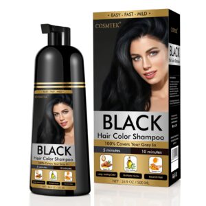 cosmtek black dye shampoo for permanent hair color - men&women, gray coverage, beard & treated hair, 3-in-1, 30 days/500ml/ammonia-free/natural herbal