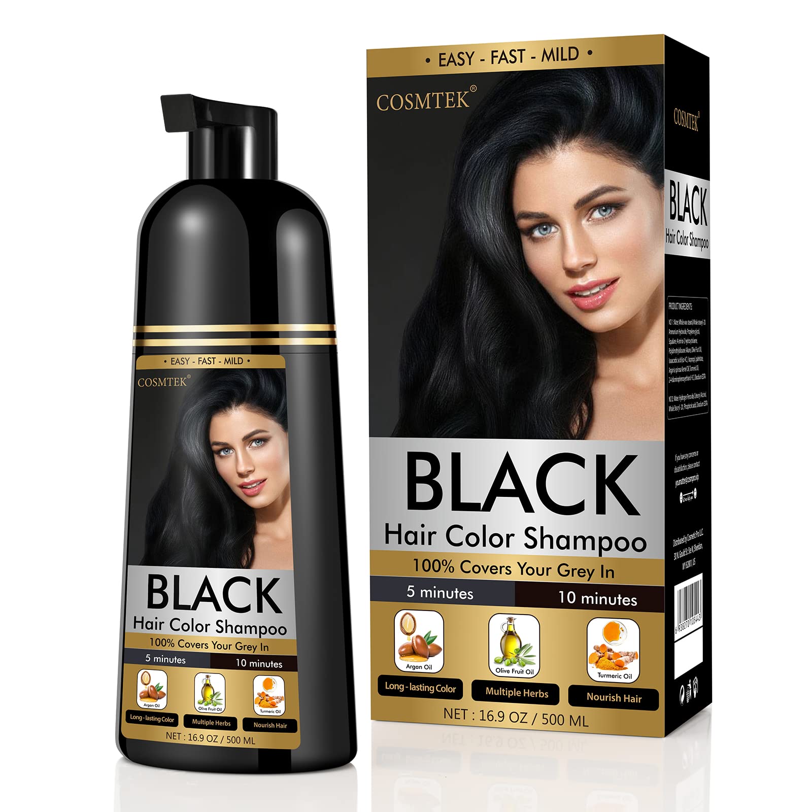 COSMTEK Black Dye Shampoo for Permanent Hair Color - Men&Women, Gray Coverage, Beard & Treated Hair, 3-In-1, 30 Days/500ml/Ammonia-Free/Natural Herbal