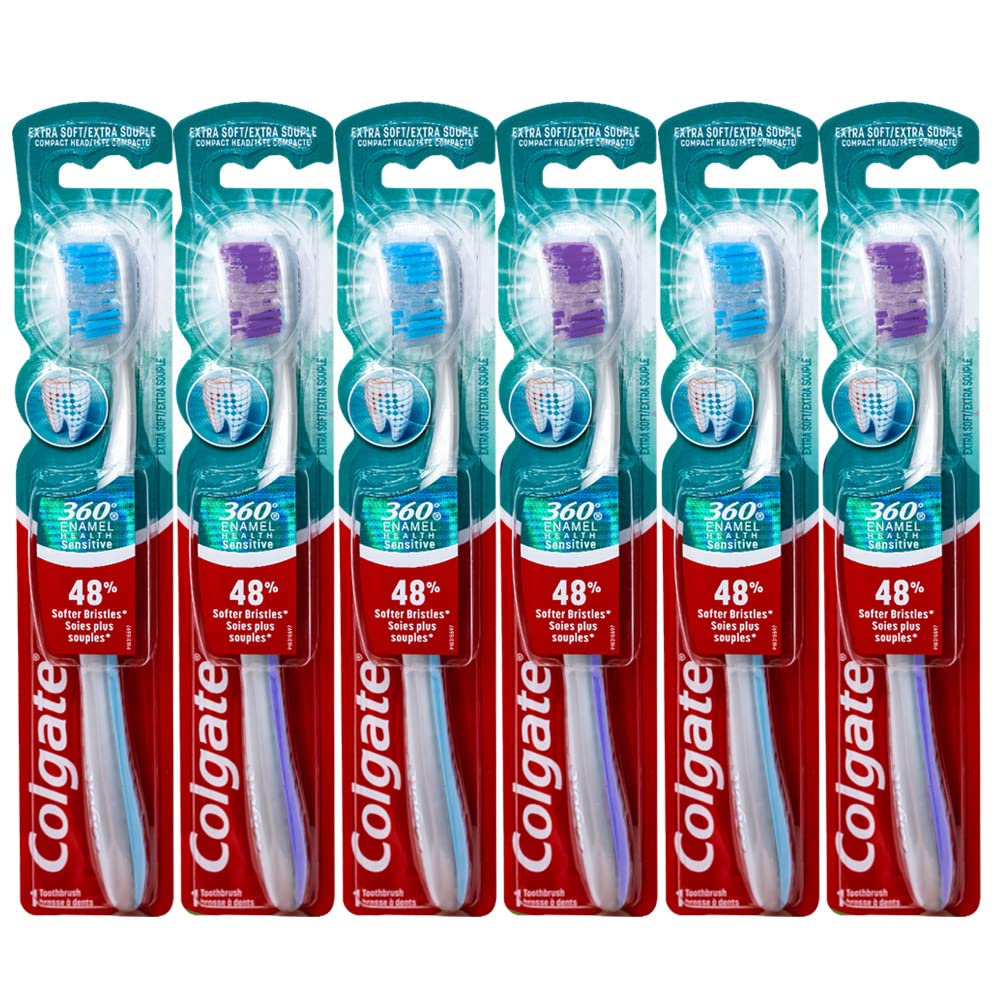 Colgate 360 Enamel Health Sensitive Toothbrush, Compact Head, Extra Soft - Pack of 6