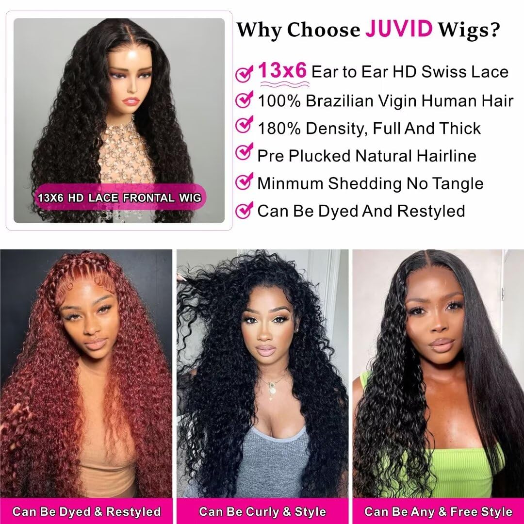 Juvid 13X6 Curly Lace Front Wigs Human Hair 13x6 HD Lace Jerry Curly Frontal Wig for Women 180% Density Glueless Kinky Curly Wigs Pre Plucked Wet and Wavy Deep Wave Wig Natural Black 24 inch