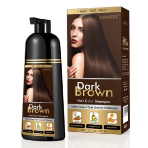 cosmtek dark brown hair dye shampoo permanent for men&women,instant hair color shampoo for gray hair coverage and beard,3-in-1 shampoo for color treated hair,lasts 30 days/500ml/ammonia-free/natural herbal ingredients.