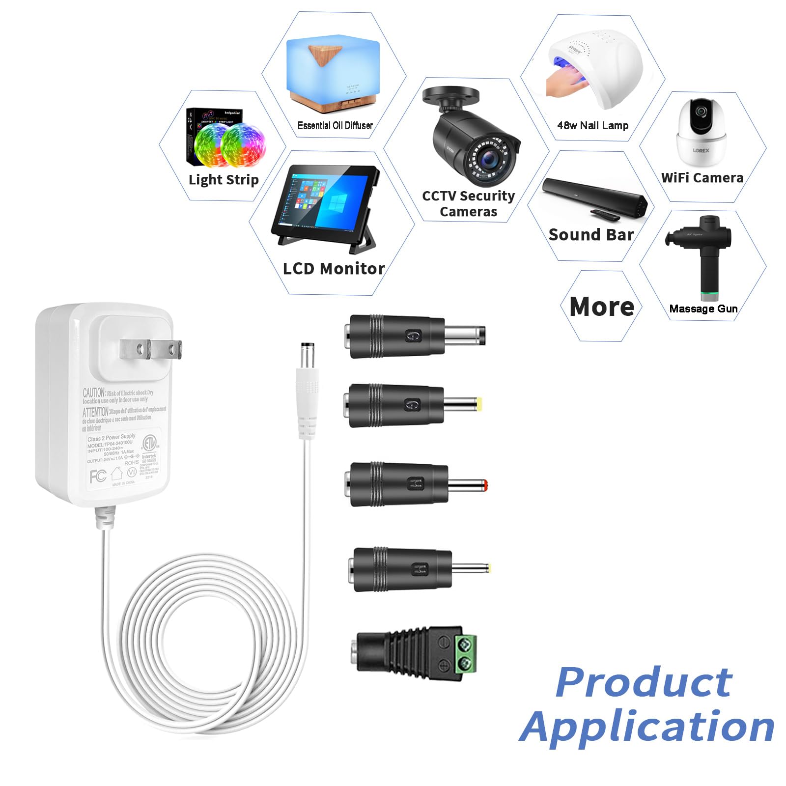 Gonine DC 24V 1A LED Power Supply Cord AC Adapter White, 110-240V AC to DC 24 Volts Charger for 24Vdc 1000mA 800mA 600mA 400mA 300mA 200mA 100mA LED Strip Lights.