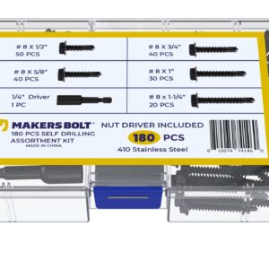 Self Tapping Screws for Metal, Assortment Pack with Driver (180 pcs) Black Oxide 410 Stainless Steel, 8 Diameter, 1/2" to 1-1/4" Length