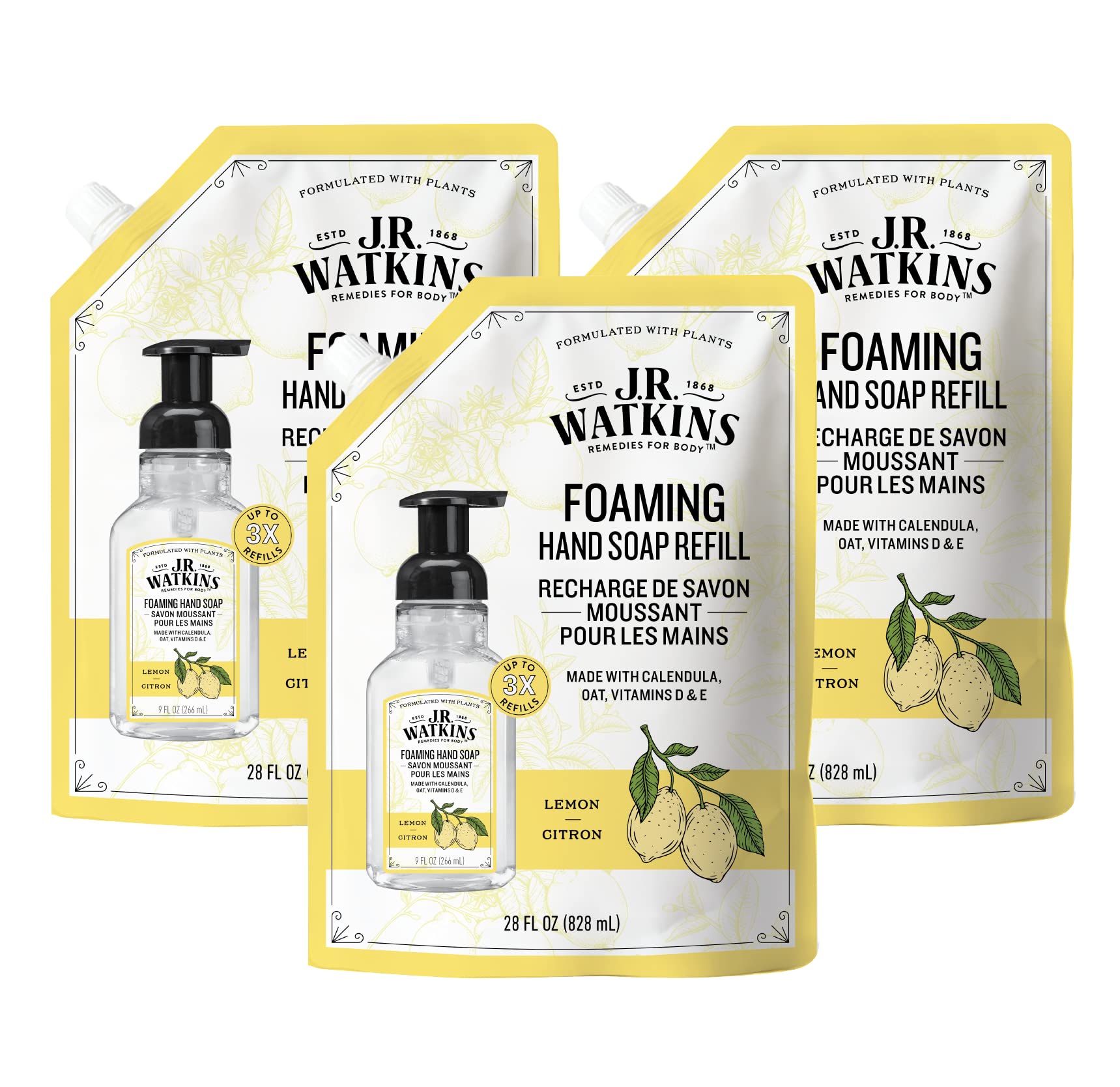 J.R. Watkins Foaming Hand Soap Refill, Moisturizing Foam Hand Wash, All Natural, Alcohol-Free, Cruelty-Free, USA Made, Lemon, 28 fl oz, 3 Pack