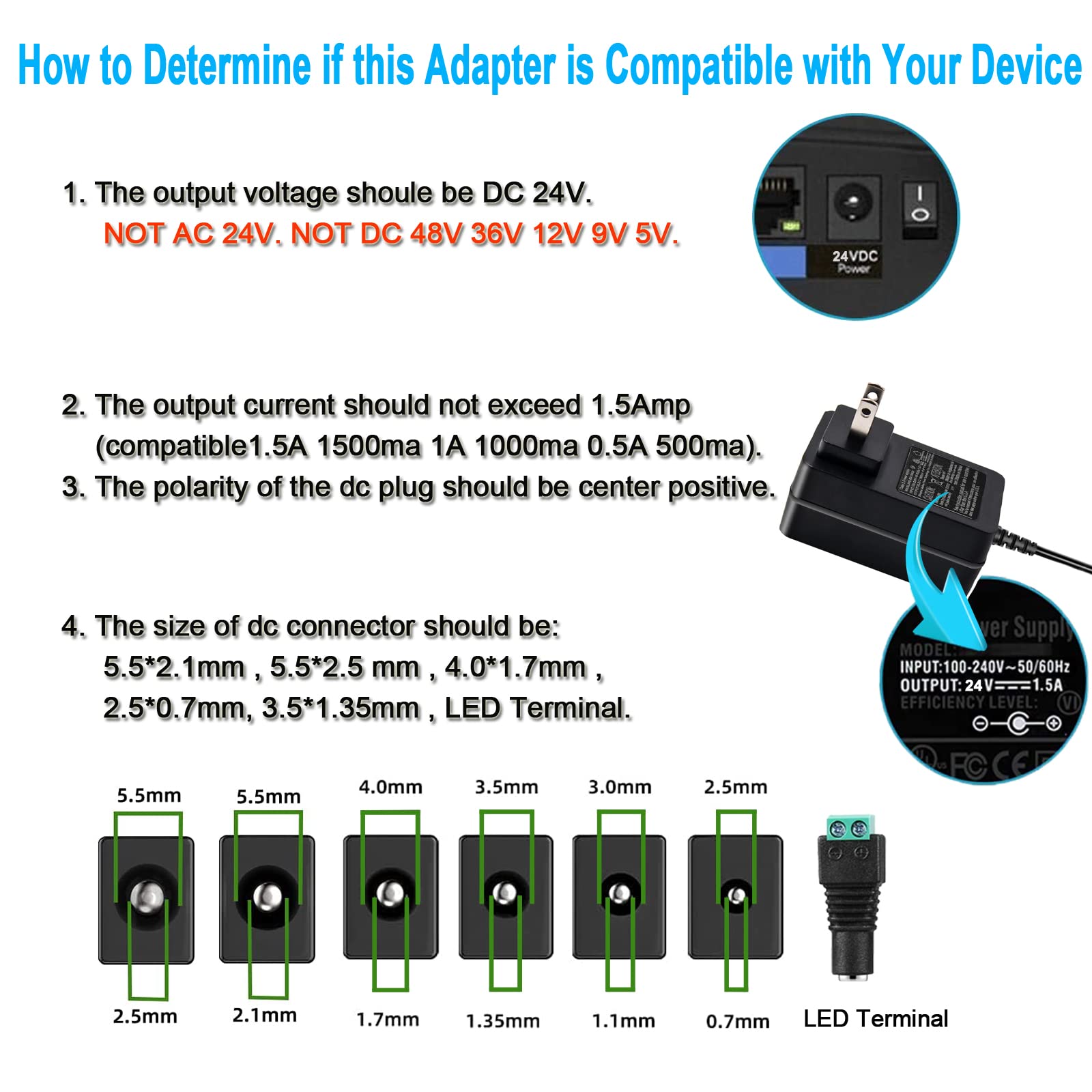 TKDY 24V 1A Power Supply Cord White, 110-240V AC to 24Vdc 24W Class 2 Adapter, DC24V Switching Charger for 24 Volt 1.0A 1000mA 0.75A 750mA 0.5A 500mA Diffuser Humidifier LED Light.