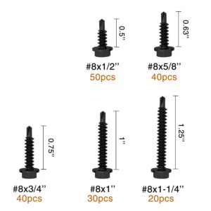 Self Tapping Screws for Metal, Assortment Pack with Driver (180 pcs) Black Oxide 410 Stainless Steel, 8 Diameter, 1/2" to 1-1/4" Length