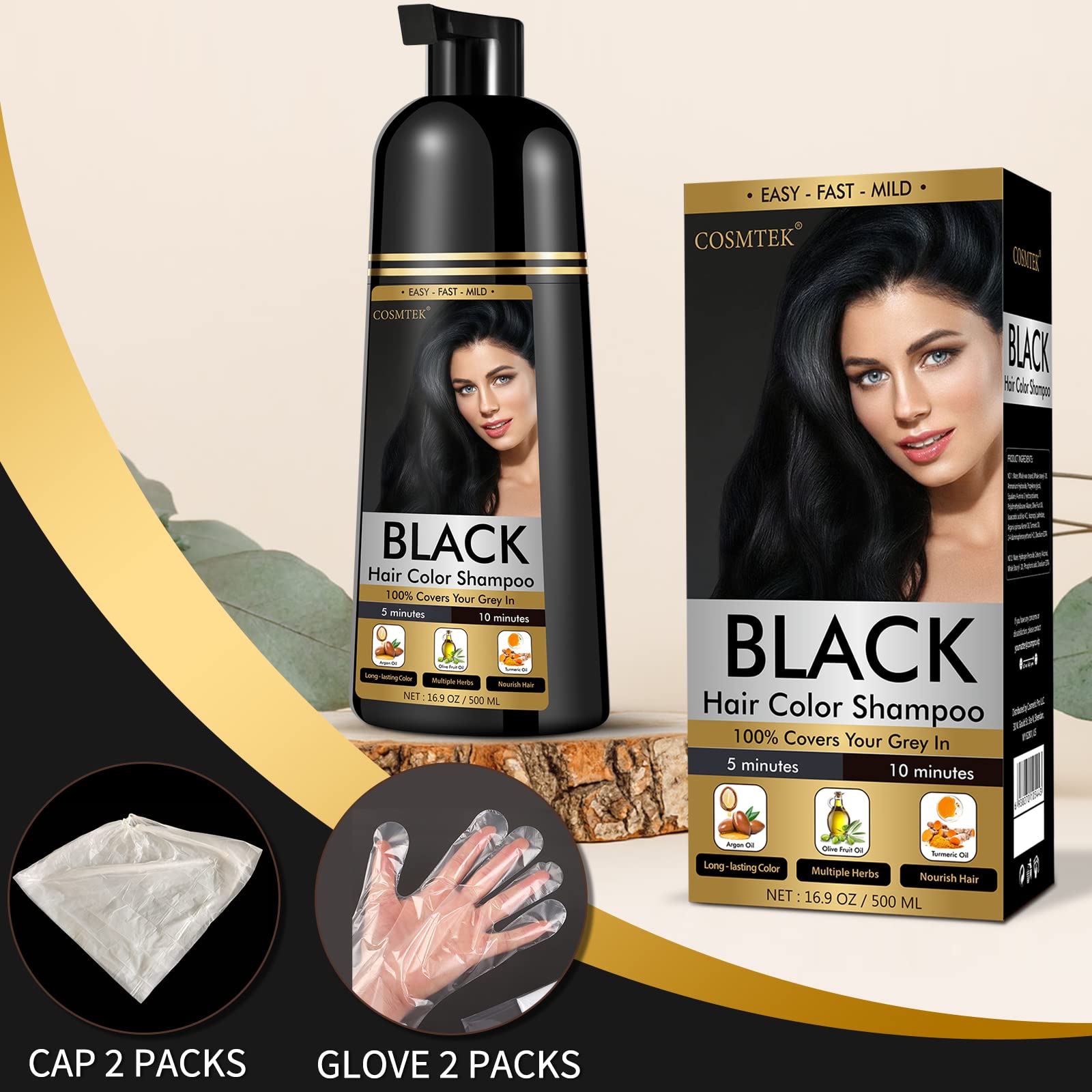 COSMTEK Black Dye Shampoo for Permanent Hair Color - Men&Women, Gray Coverage, Beard & Treated Hair, 3-In-1, 30 Days/500ml/Ammonia-Free/Natural Herbal