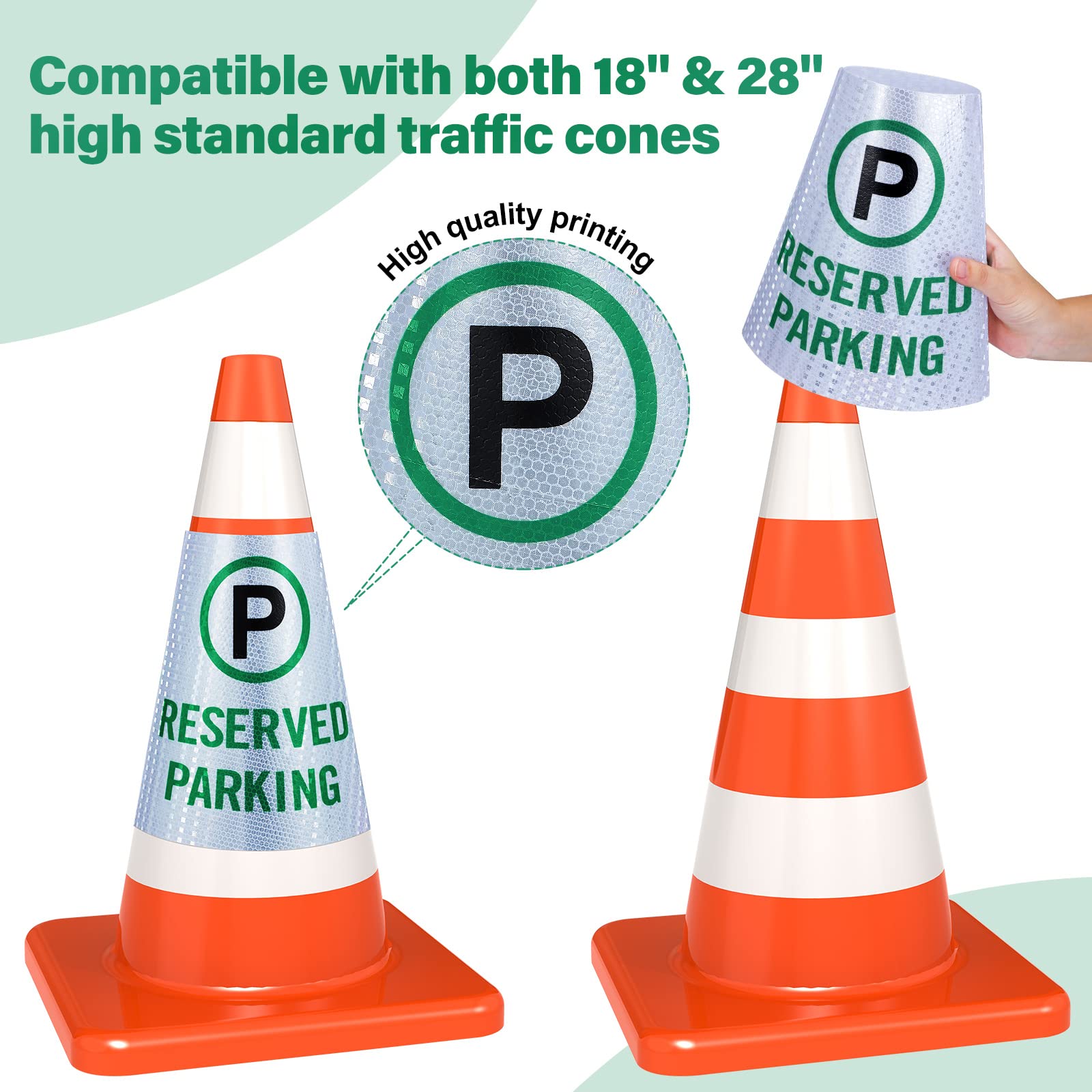 Oudain 8 Pack Reserved Parking Cone Sleeve Bright Reflective Reserved Sign 360° High Visible Message Sleeve Reserved Parking Signs for Traffic Safety Cone Driveway Road Commercial Residential Area