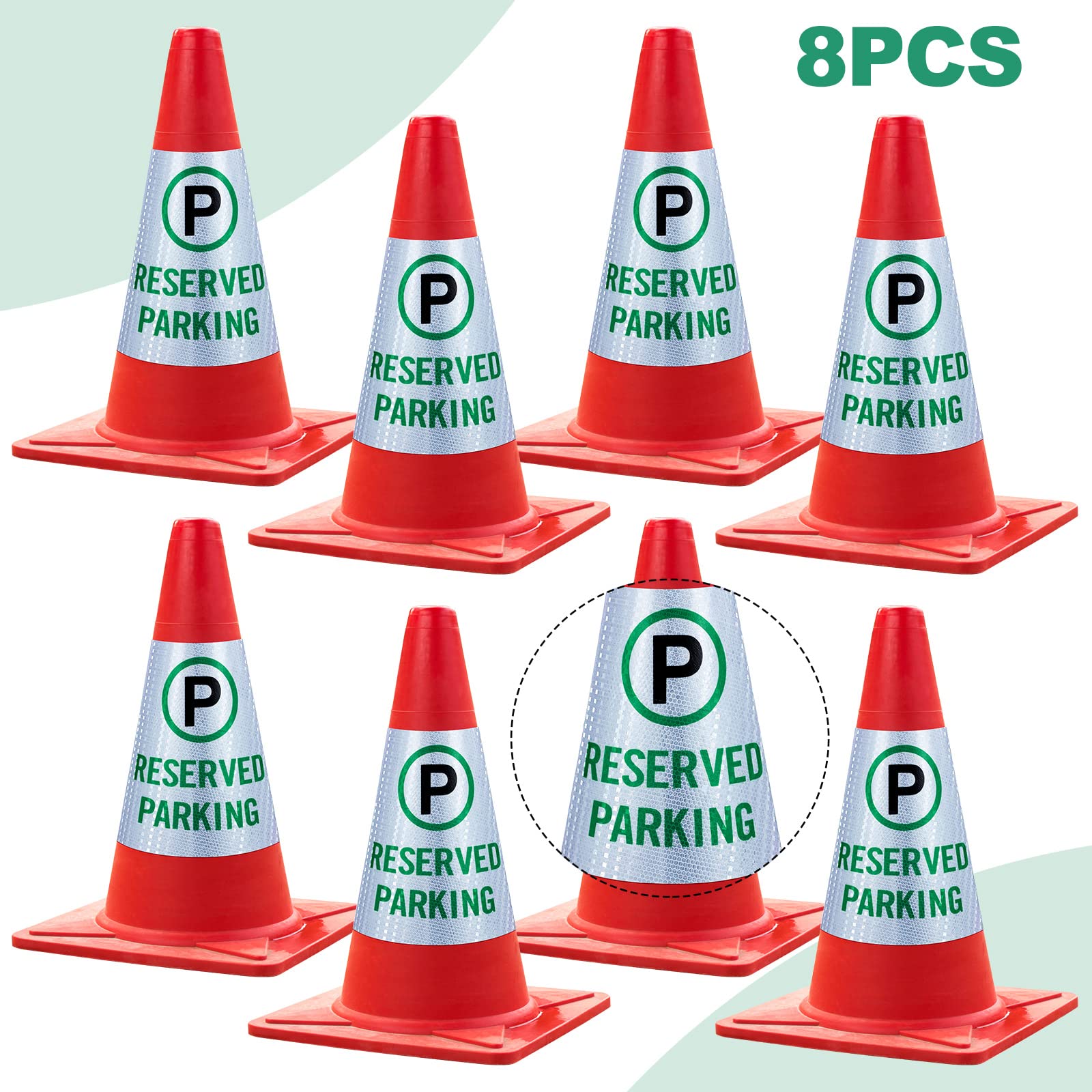 Oudain 8 Pack Reserved Parking Cone Sleeve Bright Reflective Reserved Sign 360° High Visible Message Sleeve Reserved Parking Signs for Traffic Safety Cone Driveway Road Commercial Residential Area