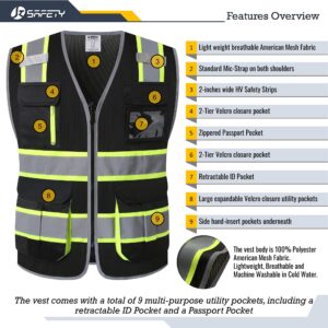 JKSafety 9 Pockets Hi-Vis Mesh Safety Vest for men and women | Chaleco reflectante de seguridad | Zipper Front | Multiple Pockets | Class 1 (140-Black L)