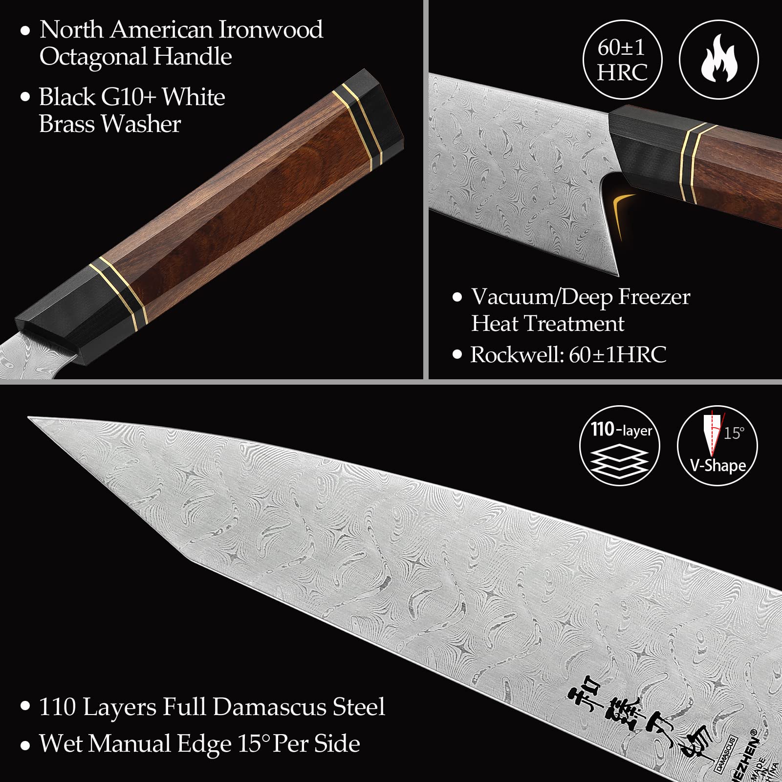 HEZHEN- 8.5" Chef Knife, 110 Layers Full Damascus Steel ,Japanese Style Kiritsuke Kitchen Knife, Gyuto Octagonal Handle, Magnetic Wooden Sheath Case Wooden Box