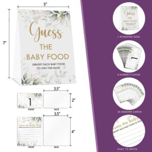 Guess The Baby Food Party Games Sign，Gold, Green Eucalyptus Baby Shower Game Set(1 Standing Sign + 20 Answer Cards + 6 Number Cards)，Neutral Baby Bathing Game