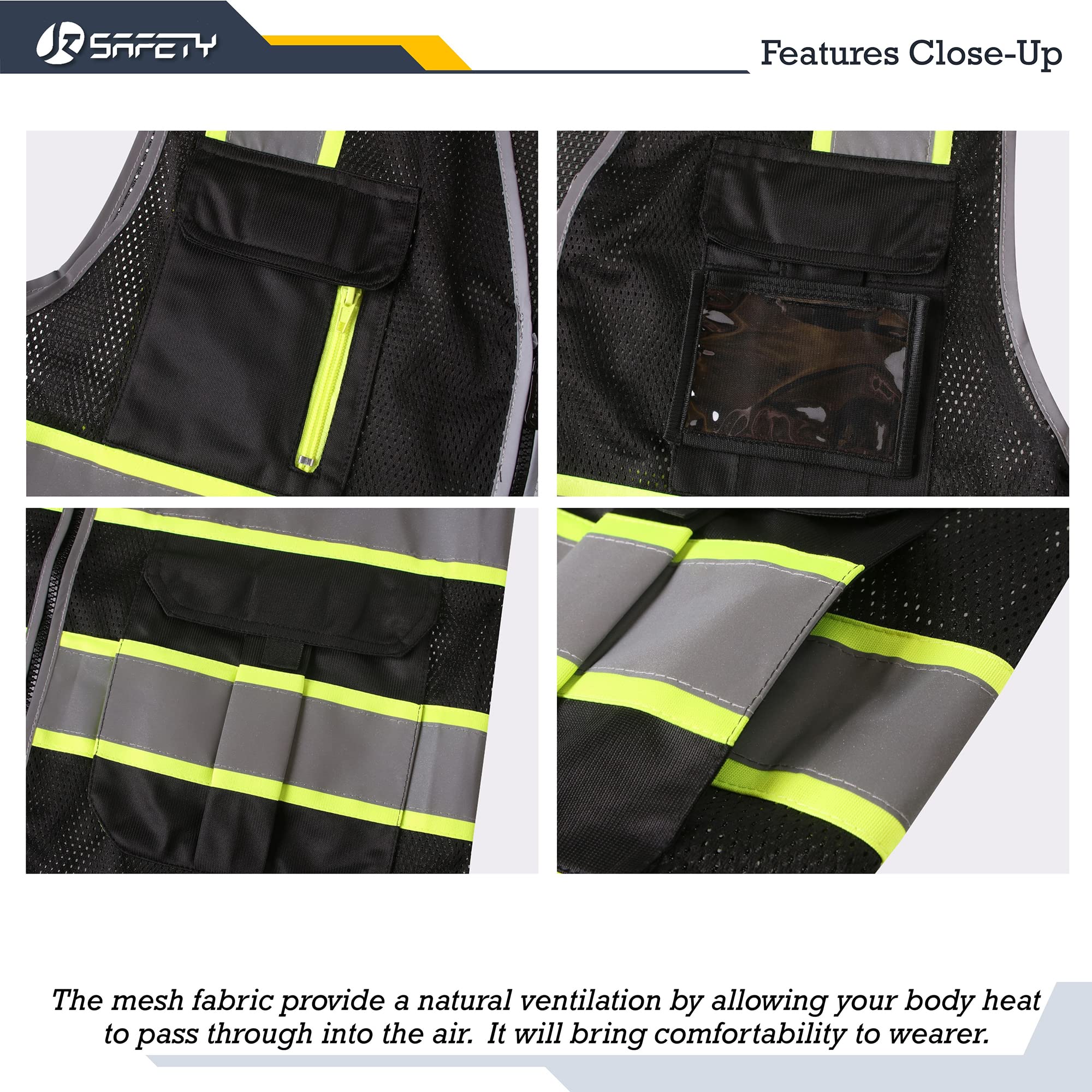 JKSafety 9 Pockets Hi-Vis Mesh Safety Vest for men and women | Chaleco reflectante de seguridad | Zipper Front | Multiple Pockets | Class 1 (140-Black L)