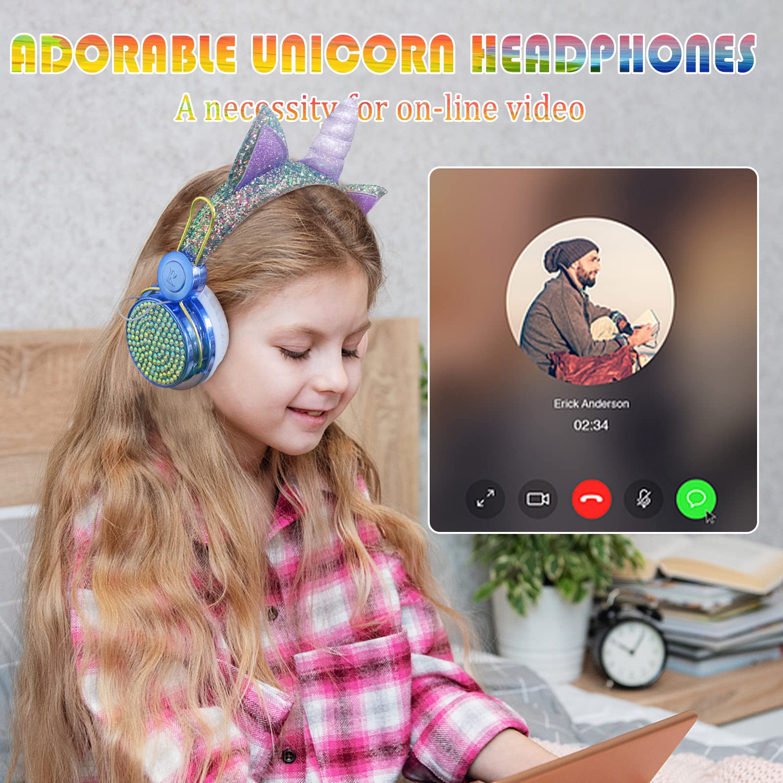 Unicorn Kids Bluetooth Headphones for Girls, Wireless Headphones with Microphone for Teens, Safe Volume Limited 85db POM Cat Ear Over-Ear Headset HD with Mic for School/Tablet/Birthday Xmas Gift