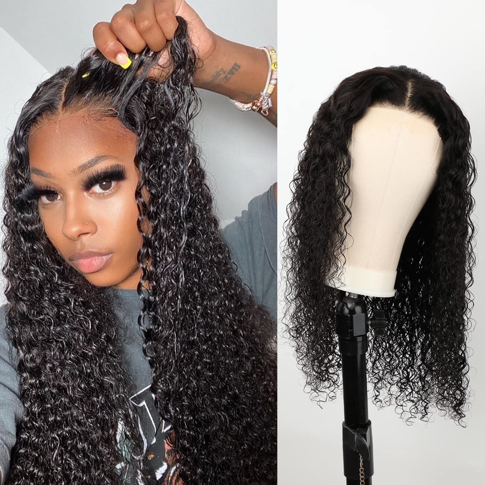 BLY Ready to Wear Wig Glueless Lace Front Wigs Human Hair for Women Deep Wave Curly Wig No Glue Wear and Go Lace Pre Cut Wig Pre Plucked with Baby Hair 180% Density Natural Hairline 18 Inch