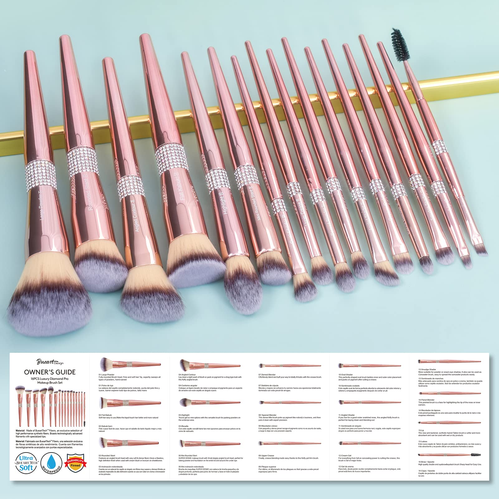 Bueart Design 16Pcs ULTRA SOFT Labeled Makeup Brushes Sets -with Foundations Powder Blush Concealer Blending Eyeshadow Contour Brush sets (Rose Gold)