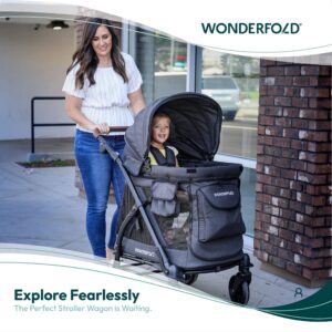 WONDERFOLD M1 Luxe Stroller Wagon (1 Seater) with Raised/Reclining/Removable Seats, Retractable/Removable Canopy, 5 Point Safety Harness, and Adjustable Push Handle - Volcanic Black