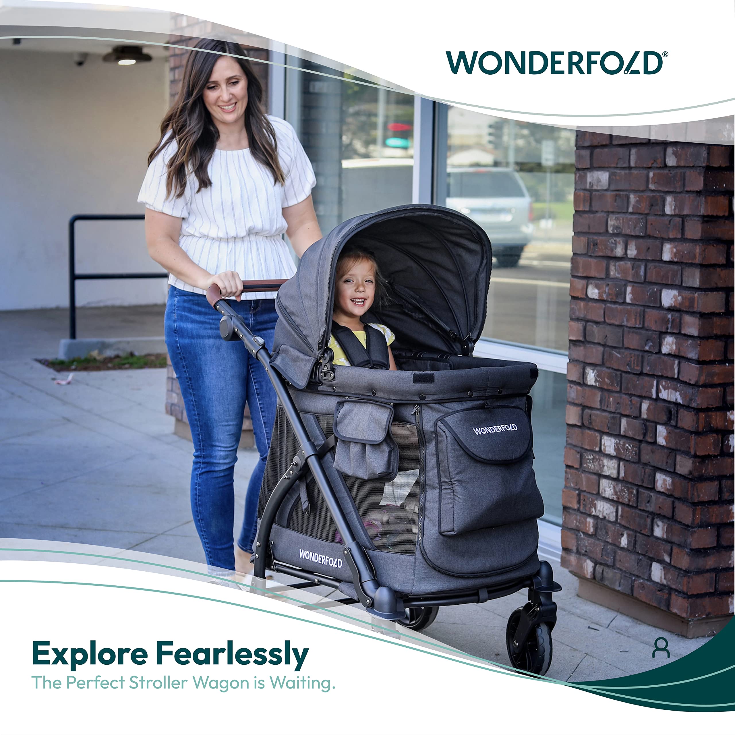 WONDERFOLD M1 Luxe Stroller Wagon (1 Seater) with Raised/Reclining/Removable Seats, Retractable/Removable Canopy, 5 Point Safety Harness, and Adjustable Push Handle - Volcanic Black